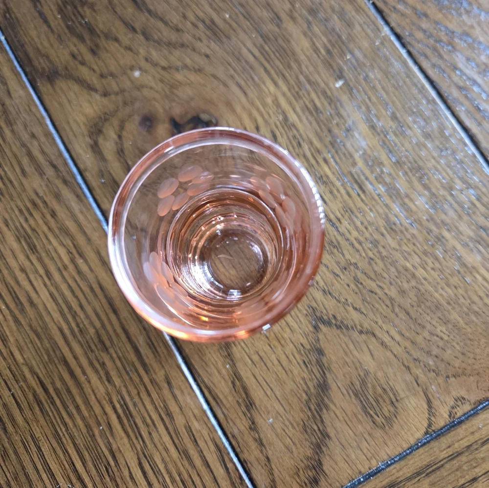 Vintage Pink Depression Shot Glass With Etched Flowers